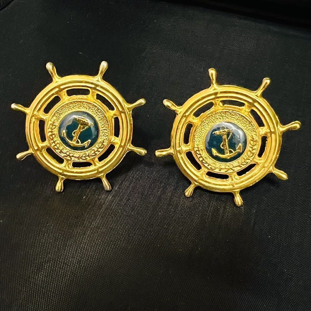 Vintage Nautical Earrings Steering Wheel Enamel Anchor Clip On Gold Beach 1115